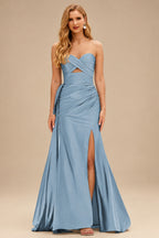 Rutipo Dusty Blue Strapless Cutout Ruched Sweethear Slit Prom Dress with Side Draping