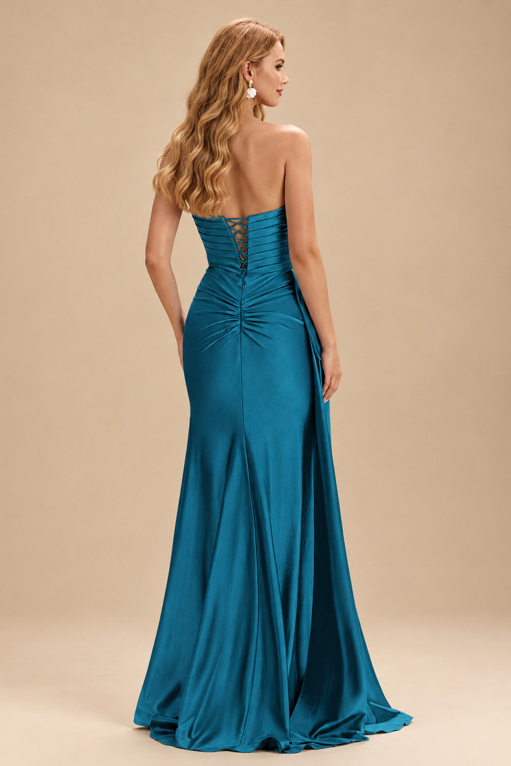 Rutipo Ink Blue Strapless Cutout Ruched Sweethear Slit Prom Dress with Side Draping