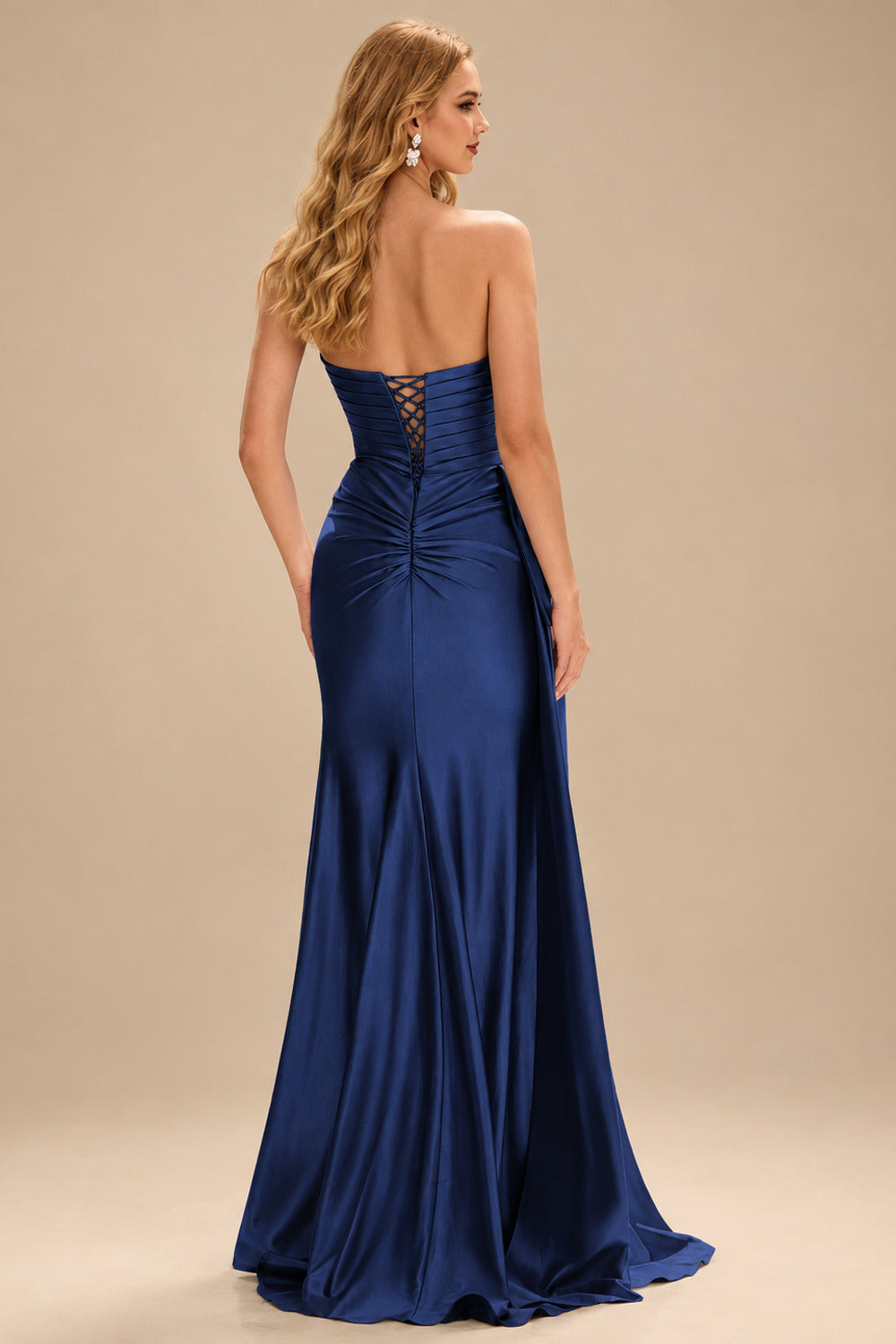 Rutipo Navy Blue Strapless Cutout Ruched Sweethear Slit Prom Dress with Side Draping