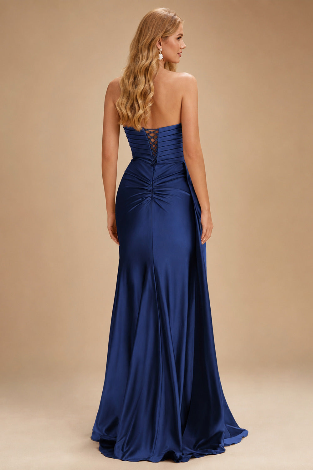 Rutipo Navy Blue Strapless Cutout Ruched Sweethear Slit Prom Dress with Side Draping