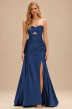 Rutipo Navy Blue Strapless Cutout Ruched Sweethear Slit Prom Dress with Side Draping