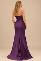 Rutipo Grape Tight Strapless Beaded Corset Prom Dress with Ruched Satin Slit Skirt