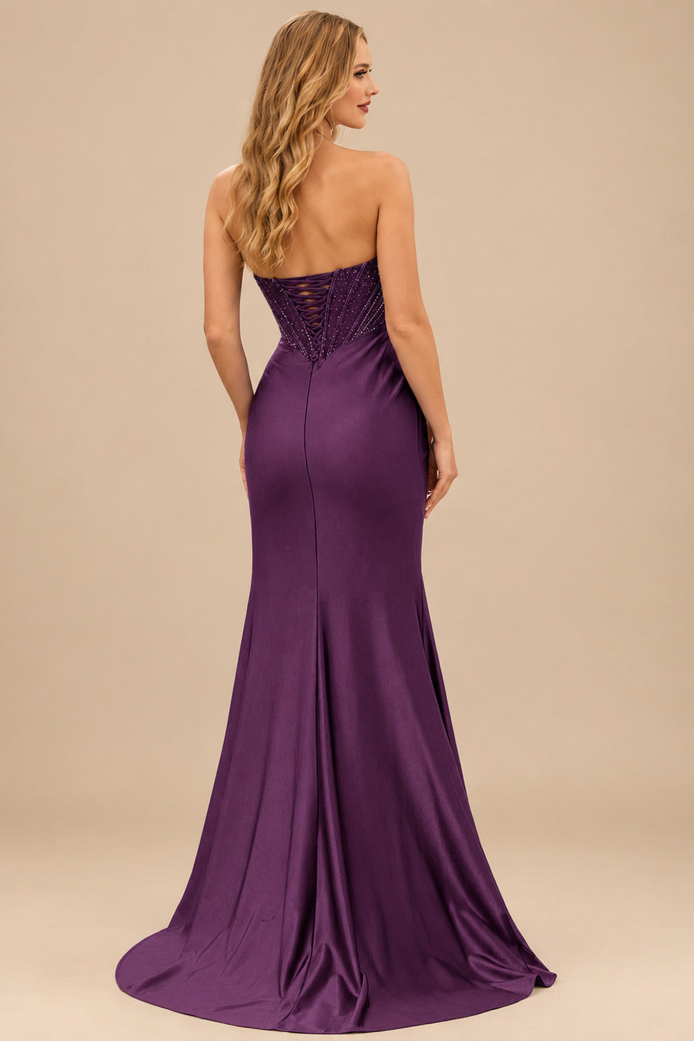 Rutipo Grape Tight Strapless Beaded Corset Prom Dress with Ruched Satin Slit Skirt