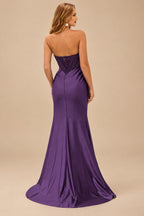 Rutipo Grape Tight Strapless Beaded Corset Prom Dress with Ruched Satin Slit Skirt