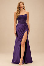 Rutipo Grape Tight Strapless Beaded Corset Prom Dress with Ruched Satin Slit Skirt