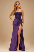Rutipo Grape Tight Strapless Beaded Corset Prom Dress with Ruched Satin Slit Skirt