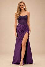 Rutipo Grape Tight Strapless Beaded Corset Prom Dress with Ruched Satin Slit Skirt
