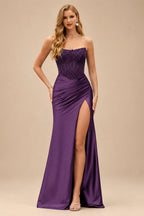 Rutipo Grape Tight Strapless Beaded Corset Prom Dress with Ruched Satin Slit Skirt
