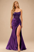 Rutipo Grape Tight Strapless Beaded Corset Prom Dress with Ruched Satin Slit Skirt
