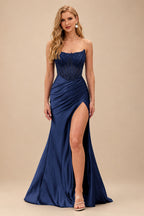 Rutipo Navy Blue Tight Strapless Beaded Corset Prom Dress with Ruched Satin Slit Skirt