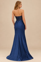 Rutipo Navy Blue Tight Strapless Beaded Corset Prom Dress with Ruched Satin Slit Skirt