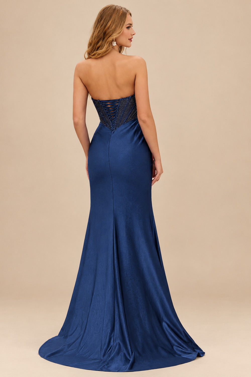 Rutipo Navy Blue Tight Strapless Beaded Corset Prom Dress with Ruched Satin Slit Skirt