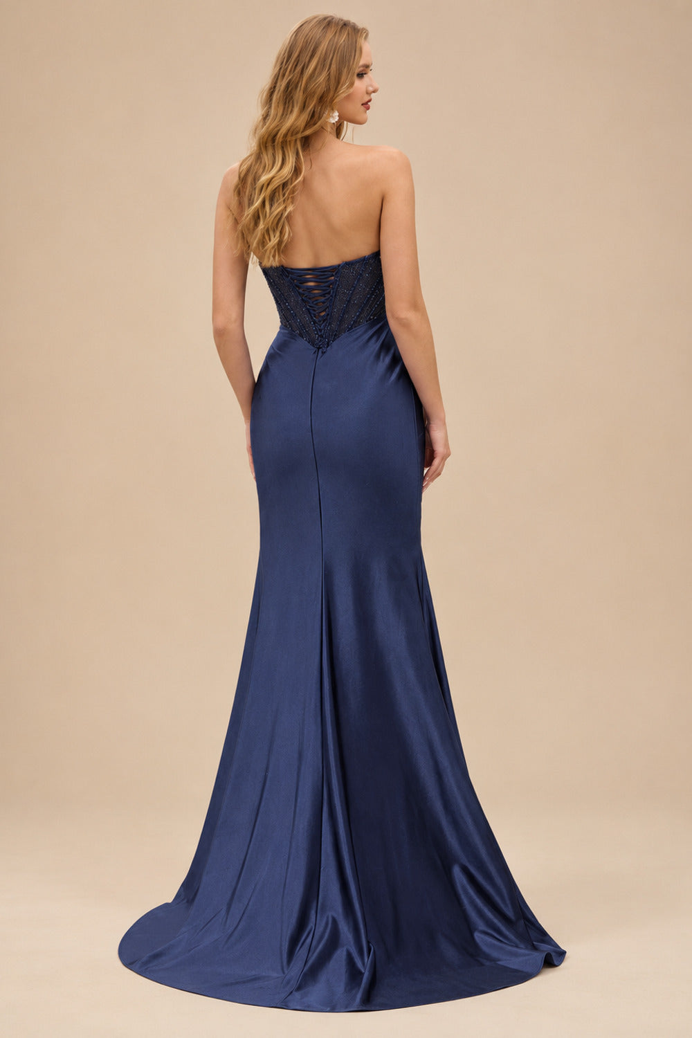 Rutipo Navy Blue Tight Strapless Beaded Corset Prom Dress with Ruched Satin Slit Skirt