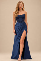 Rutipo Navy Blue Tight Strapless Beaded Corset Prom Dress with Ruched Satin Slit Skirt