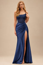 Rutipo Navy Blue Tight Strapless Beaded Corset Prom Dress with Ruched Satin Slit Skirt