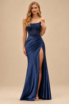 Rutipo Navy Blue Tight Strapless Beaded Corset Prom Dress with Ruched Satin Slit Skirt