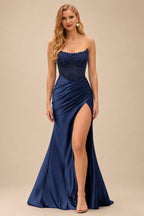 Rutipo Navy Blue Tight Strapless Beaded Corset Prom Dress with Ruched Satin Slit Skirt