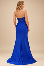 Rutipo Royal Blue Tight Strapless Beaded Corset Prom Dress with Ruched Satin Slit Skirt