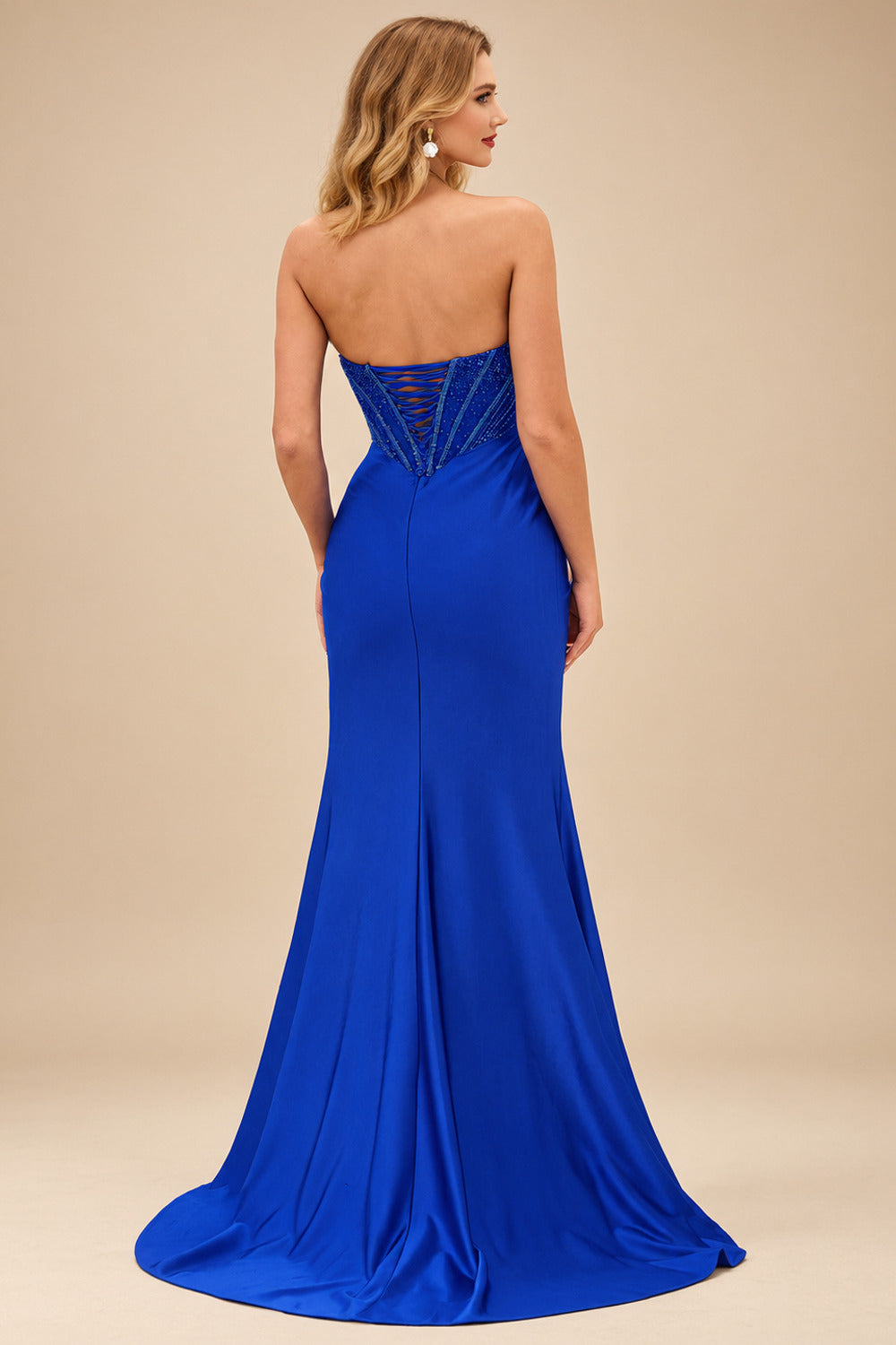 Rutipo Royal Blue Tight Strapless Beaded Corset Prom Dress with Ruched Satin Slit Skirt