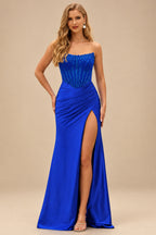 Rutipo Royal Blue Tight Strapless Beaded Corset Prom Dress with Ruched Satin Slit Skirt