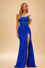 Rutipo Royal Blue Tight Strapless Beaded Corset Prom Dress with Ruched Satin Slit Skirt