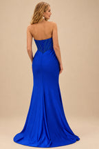 Rutipo Royal Blue Tight Strapless Beaded Corset Prom Dress with Ruched Satin Slit Skirt