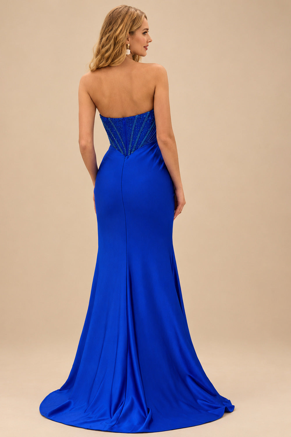 Rutipo Royal Blue Tight Strapless Beaded Corset Prom Dress with Ruched Satin Slit Skirt