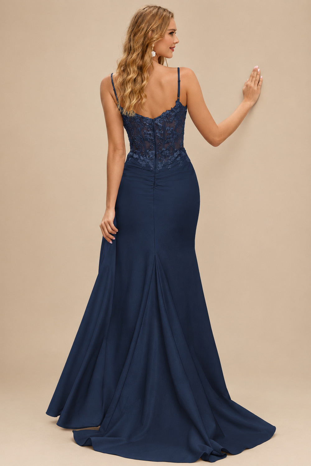 Rutipo Dark Navy Mermaid V Neck Sheer Beaded Corset Slit Prom Dress with Side Draping