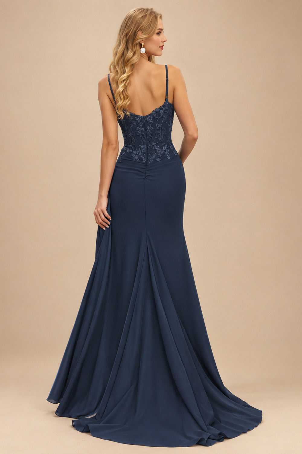 Rutipo Dark Navy Mermaid V Neck Sheer Beaded Corset Slit Prom Dress with Side Draping
