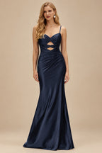 Rutipo Dark Navy Fitted Cut-Out Ruched Corset Slit Prom Dress with Slim Spaghetti Straps