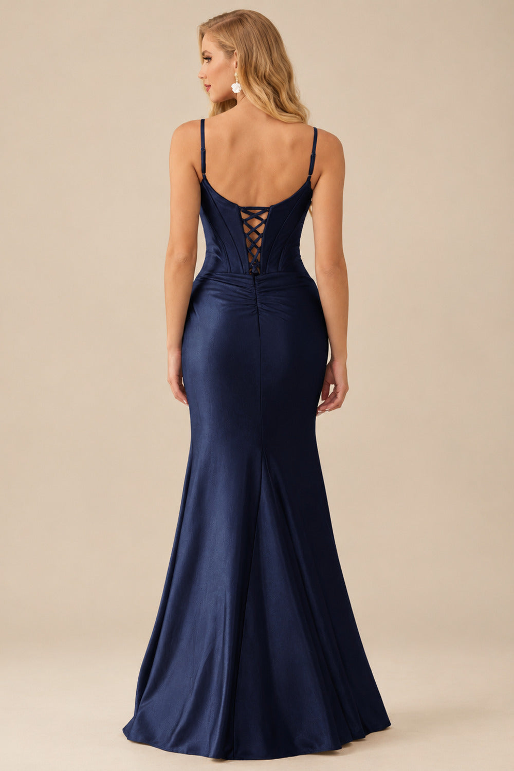 Rutipo Dark Navy Fitted Cut-Out Ruched Corset Slit Prom Dress with Slim Spaghetti Straps