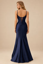 Rutipo Dark Navy Fitted Cut-Out Ruched Corset Slit Prom Dress with Slim Spaghetti Straps