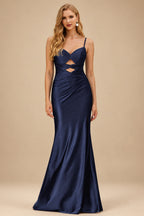 Rutipo Dark Navy Fitted Cut-Out Ruched Corset Slit Prom Dress with Slim Spaghetti Straps