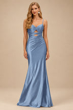 Rutipo Dusty Blue Fitted Cut-Out Ruched Corset Slit Prom Dress with Slim Spaghetti Straps