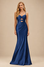 Rutipo Navy Blue Fitted Cut-Out Ruched Corset Slit Prom Dress with Slim Spaghetti Straps