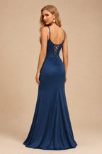 Rutipo Navy Blue Fitted Cut-Out Ruched Corset Slit Prom Dress with Slim Spaghetti Straps