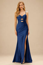 Rutipo Navy Blue Fitted Cut-Out Ruched Corset Slit Prom Dress with Slim Spaghetti Straps