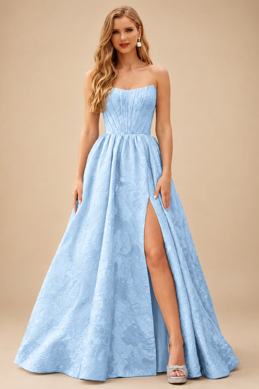 Rutipo Light Blue Floral A-line Strapless Metallic Floral Jacquard Ball Gown Prom Dress with Slit