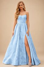 Rutipo Light Blue Floral A-line Strapless Metallic Floral Jacquard Ball Gown Prom Dress with Slit