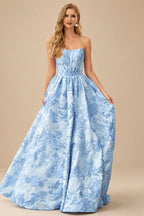 Rutipo Light Blue Floral A-line Strapless Metallic Floral Jacquard Ball Gown Prom Dress with Slit