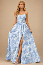 Rutipo Light Blue Floral A-line Strapless Metallic Floral Jacquard Ball Gown Prom Dress with Slit
