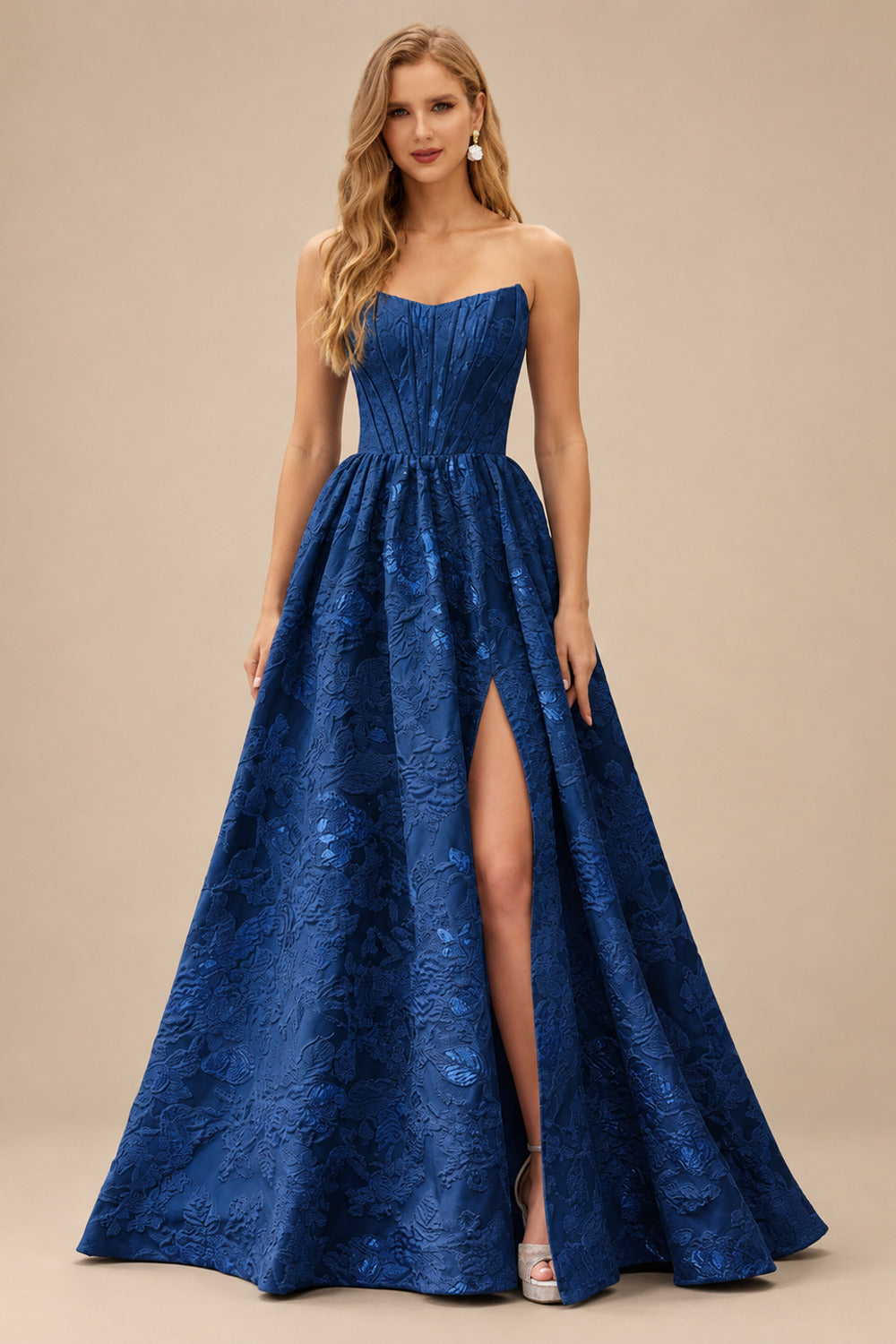 Rutipo Navy Blue Floral A-line Strapless Metallic Floral Jacquard Ball Gown Prom Dress with Slit