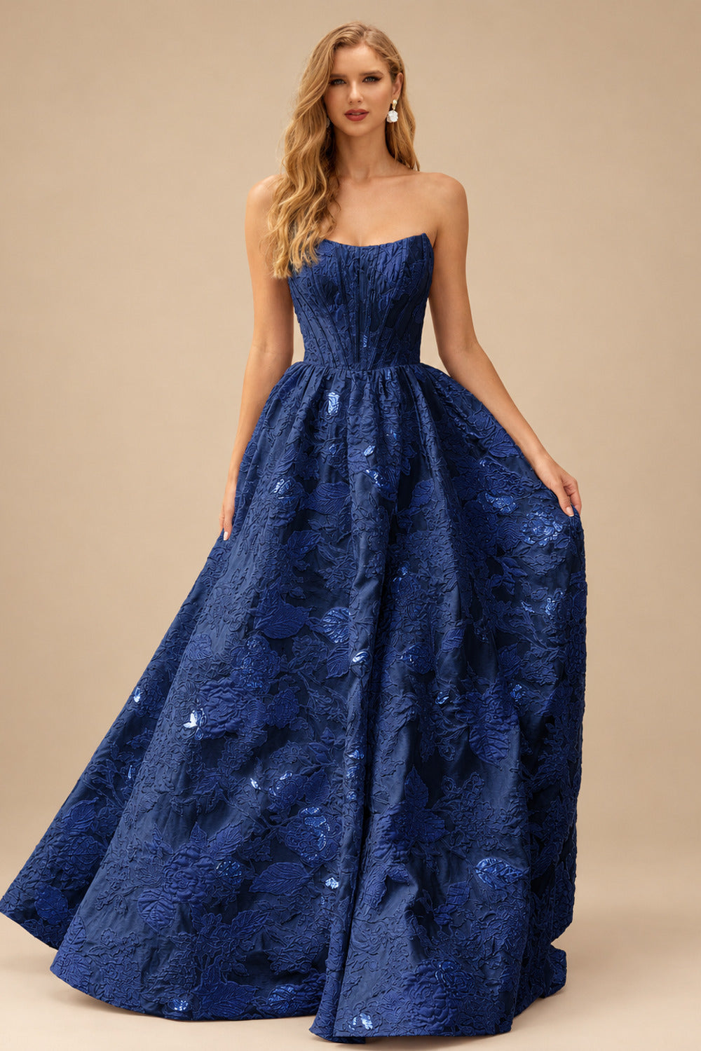 Rutipo Navy Blue Floral A-line Strapless Metallic Floral Jacquard Ball Gown Prom Dress with Slit