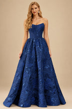 Rutipo Navy Blue Floral A-line Strapless Metallic Floral Jacquard Ball Gown Prom Dress with Slit