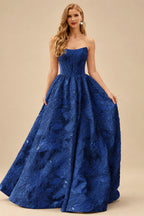 Rutipo Navy Blue Floral A-line Strapless Metallic Floral Jacquard Ball Gown Prom Dress with Slit