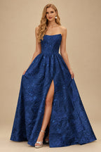 Rutipo Navy Blue Floral A-line Strapless Metallic Floral Jacquard Ball Gown Prom Dress with Slit