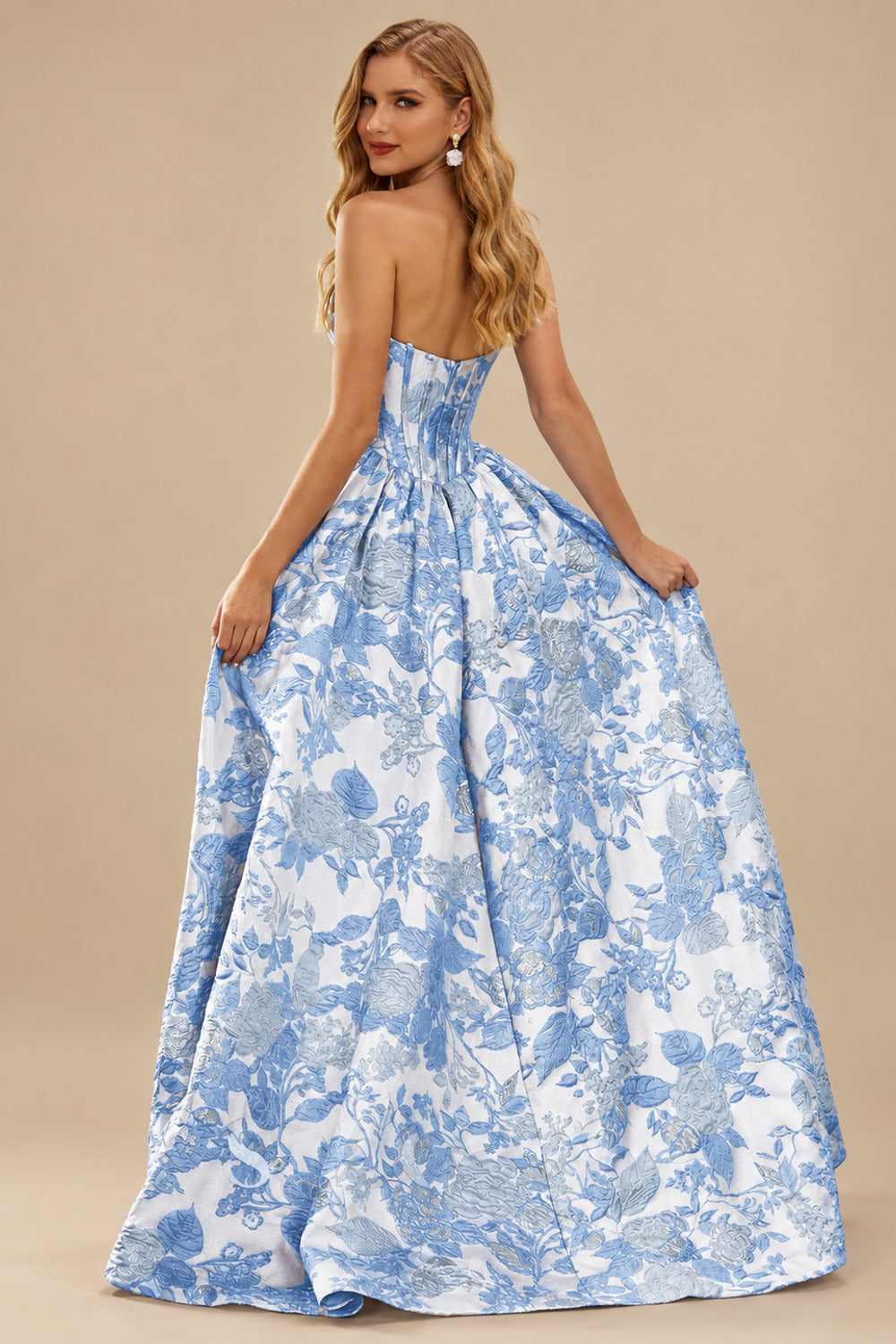 Rutipo Sky Blue Floral A-line Strapless Metallic Floral Jacquard Ball Gown Prom Dress with Slit