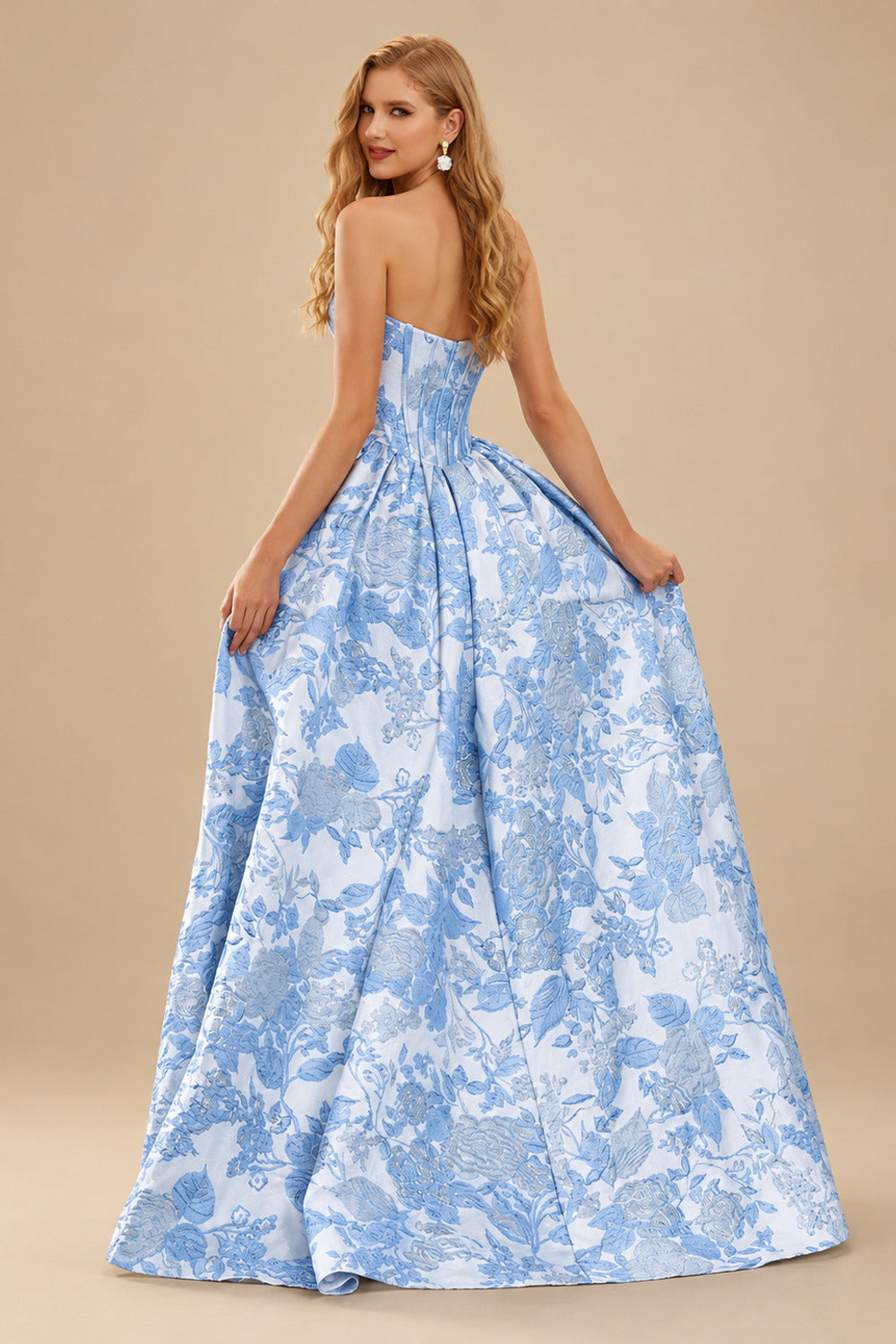Rutipo Sky Blue Floral A-line Strapless Metallic Floral Jacquard Ball Gown Prom Dress with Slit