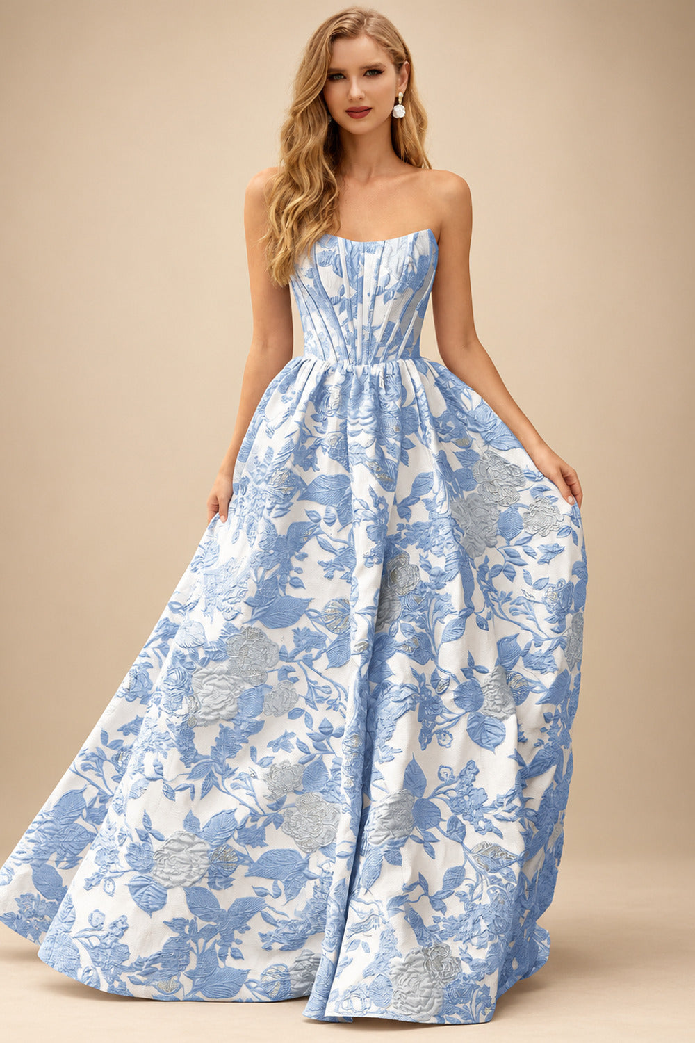 Rutipo Sky Blue Floral A-line Strapless Metallic Floral Jacquard Ball Gown Prom Dress with Slit
