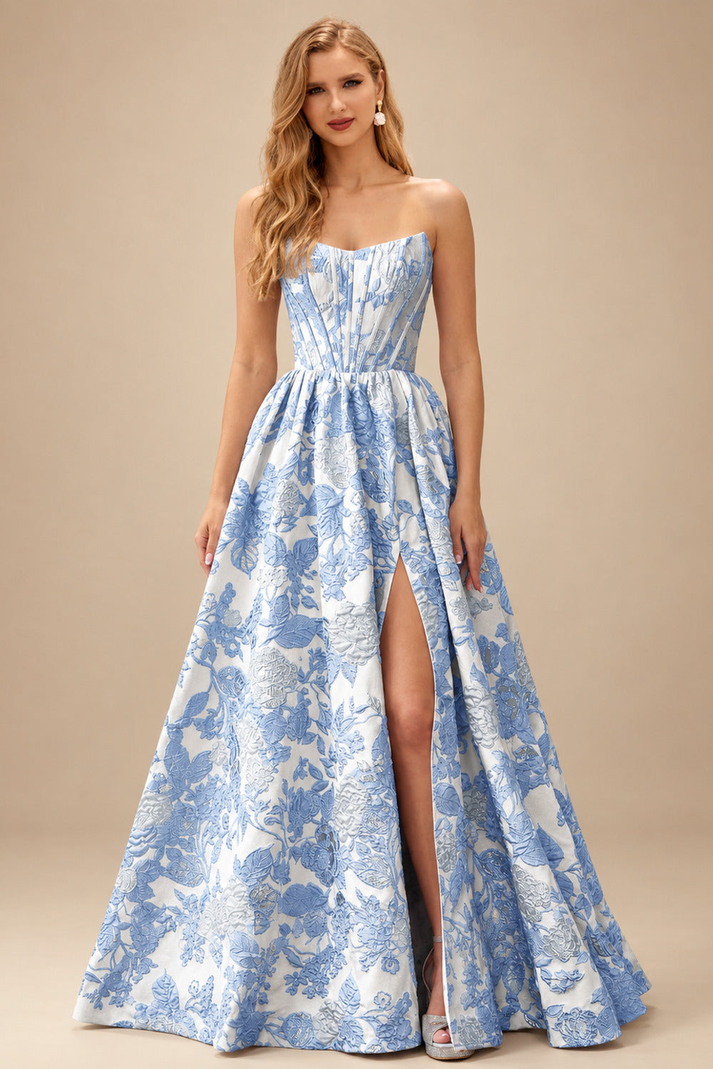 Rutipo Sky Blue Floral A-line Strapless Metallic Floral Jacquard Ball Gown Prom Dress with Slit